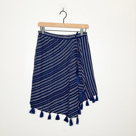 Aerie American Eagle Faux Wrap Skirt Tassel Fringe Navy Blue Stripes Medium M - Picture 2 of 7